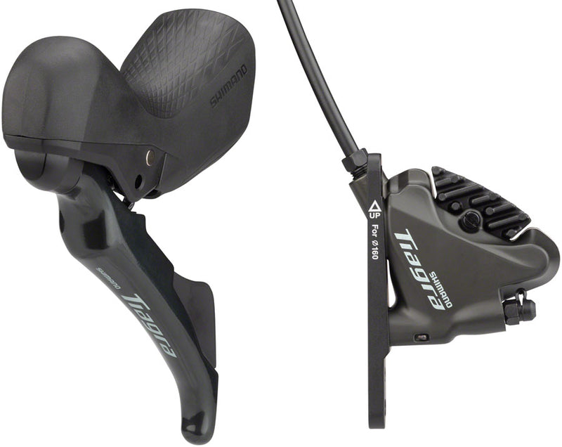 Load image into Gallery viewer, Shimano Tiagra ST-4720/BR-4770 Mechanical Shift/Hydraulic Brake Lever Caliper - Front Flat Mount Finned Resin Pads BLK