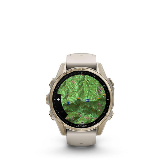 Garmin fenix 8 AMOLED Sapphire 43mm Watch Watch Color: Gold Wristband: Gray/ Dark Sandstone - Silicone