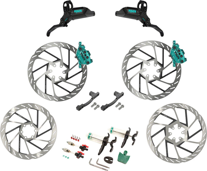 Load image into Gallery viewer, SRAM Maven Ultimate Stealth Expert Disc Brake Kit - Front/Rear Levers Front/Rear Teal Splatter Calipers Adapters Rotors Bleed Kit A1
