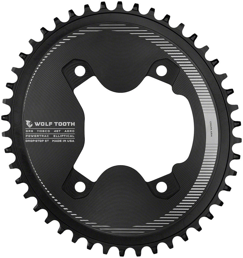 Load image into Gallery viewer, Wolf Tooth Elliptical Aero 110 Asymmetric BCD Chainring - 46t 110 Asymmetric BCD 4-Bolt Drop-Stop ST For Shimano GRX 800 Series BLK
