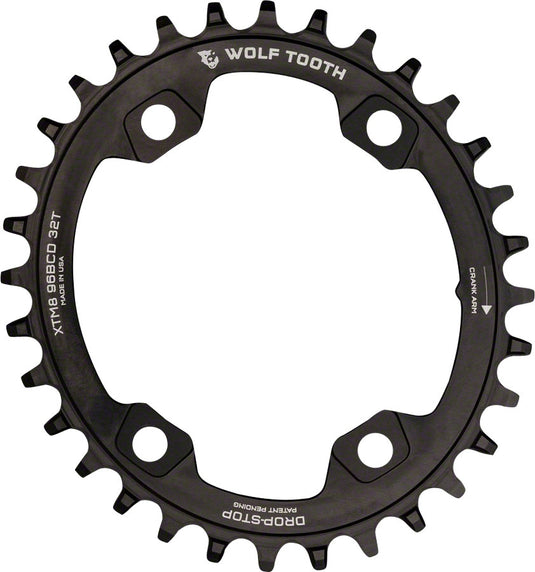 Wolf Tooth Elliptical 96 BCD Chainring - 32t 96 Asymmetric BCD 4-Bolt Drop-Stop A For Shimano XTR M9000 M9020 Cranks BLK