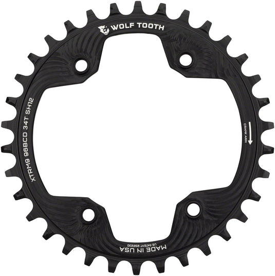 Wolf Tooth 96 BCD Chainring - 34t 96 Asymmetric BCD 4-Bolt For Shimano Cranks Drop-Stop ST Requires 12-Speed HG+ Chain BLK