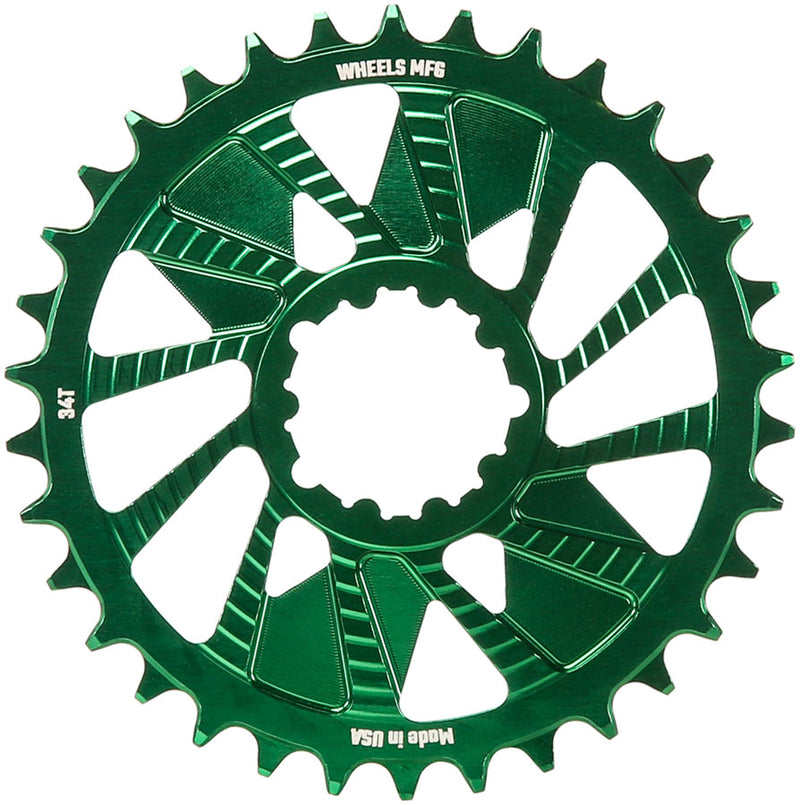 Load image into Gallery viewer, Wheels Manufacturing Direct Mount Chainring - 34t SRAM 3-Bolt Direct Mount 3mm Offset T-Type Chain Compatible Green
