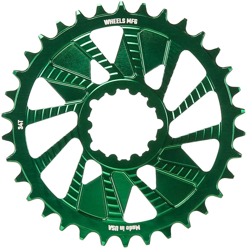 Load image into Gallery viewer, Wheels Manufacturing Direct Mount Chainring - 34t SRAM 3-Bolt Direct Mount 3mm Offset Compatible Hyperglide+ Chain Green
